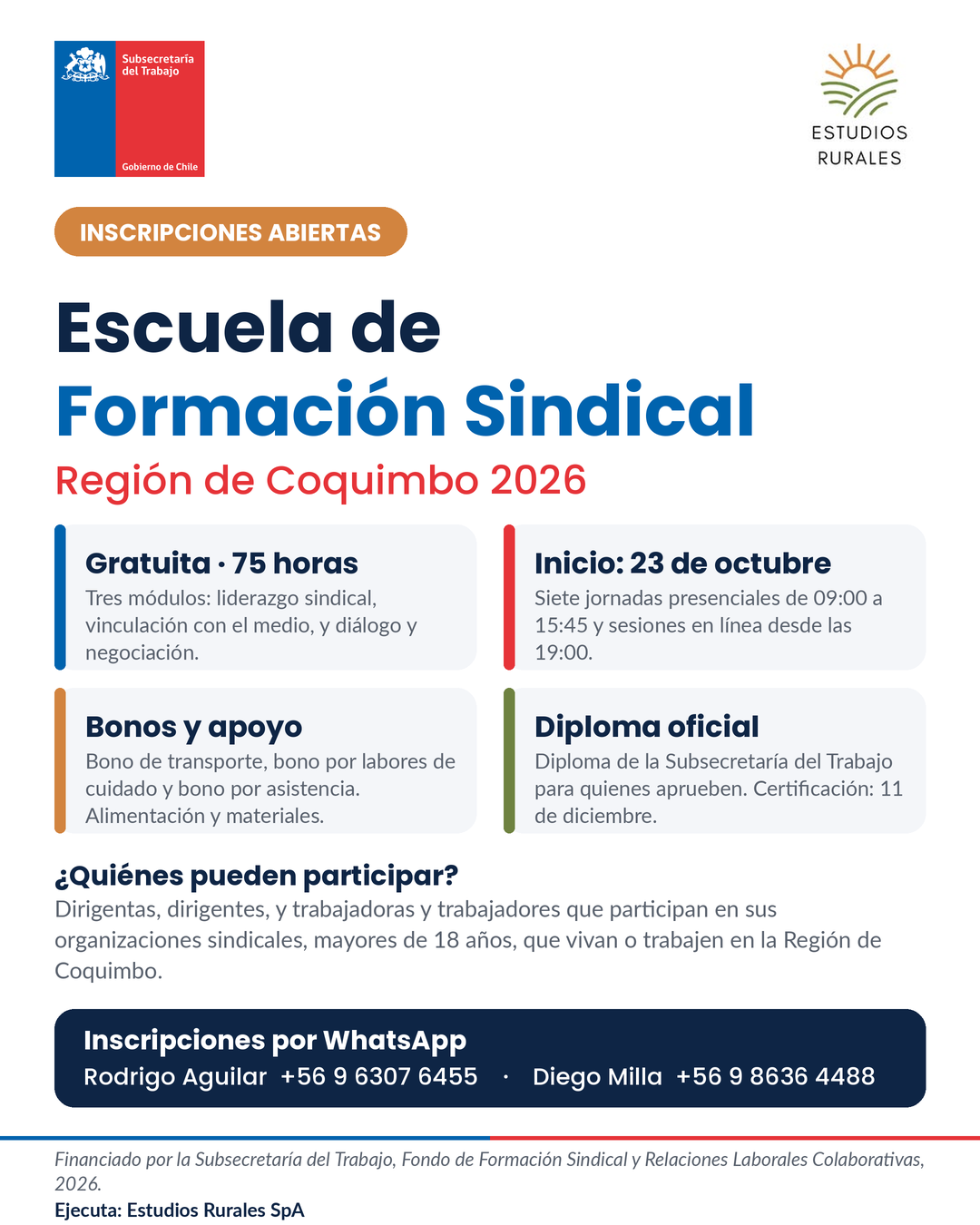 Afiche de la convocatoria: Escuela de Formación Sindical Región de Coquimbo 2026. Gratuita, 75 horas, inicio el 23 de octubre, bonos de transporte y cuidado, diploma de la Subsecretaría del Trabajo. Inscripciones por WhatsApp.